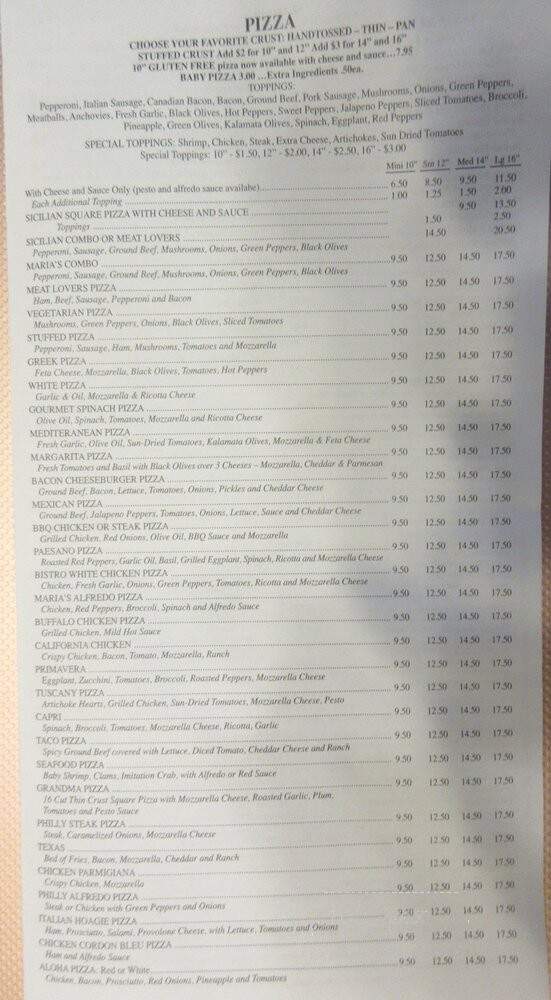 Maria's Pizza and Italian Eatery - Quinton, VA menu_pic