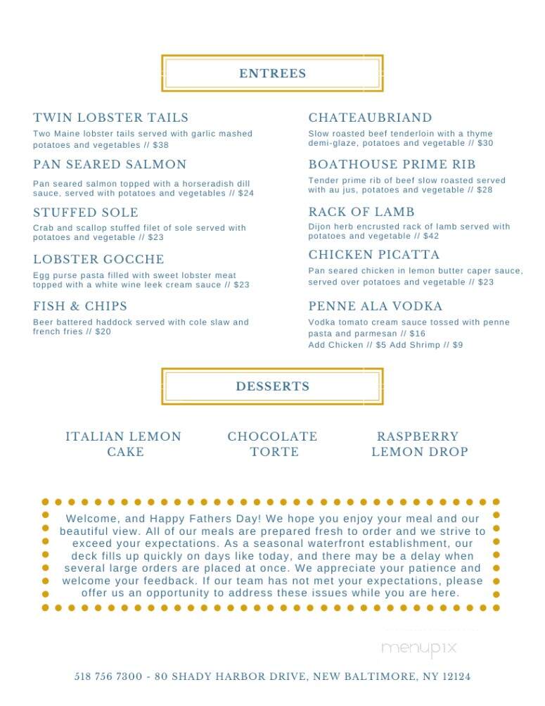 Boat House Restaurant - New Baltimore, NY menu_pic