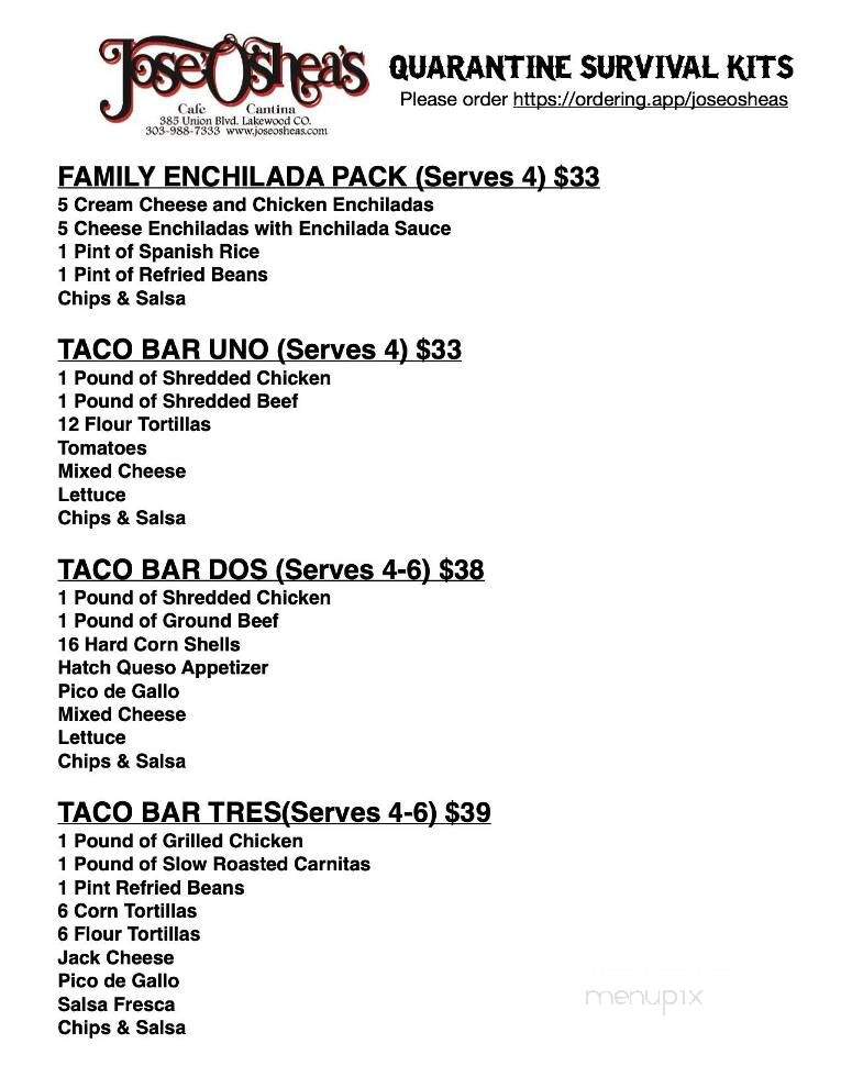 Jose' O'Shea's - Lakewood, CO menu_pic