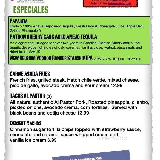 Jose' O'Shea's - Lakewood, CO menu_pic