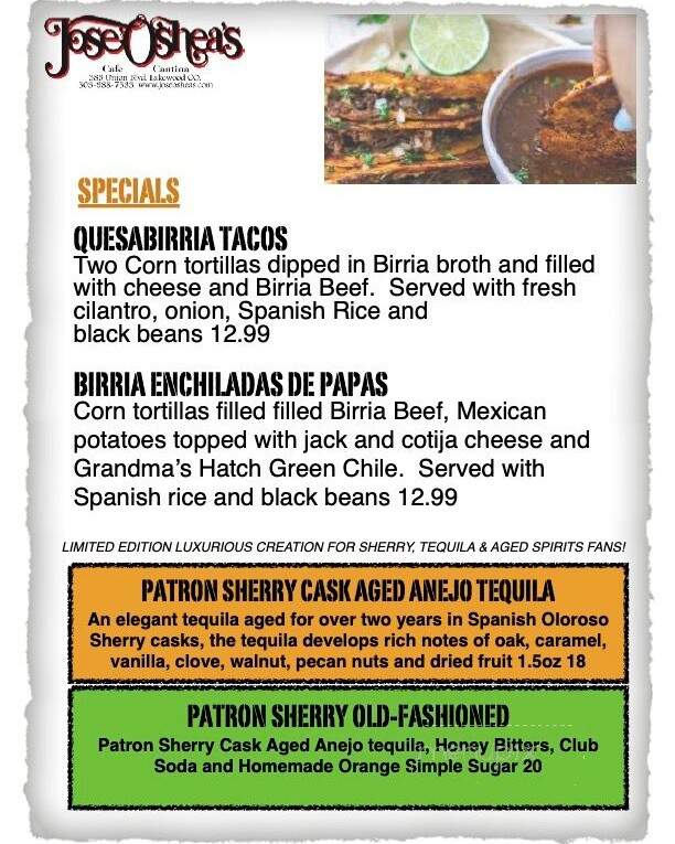 Jose' O'Shea's - Lakewood, CO menu_pic