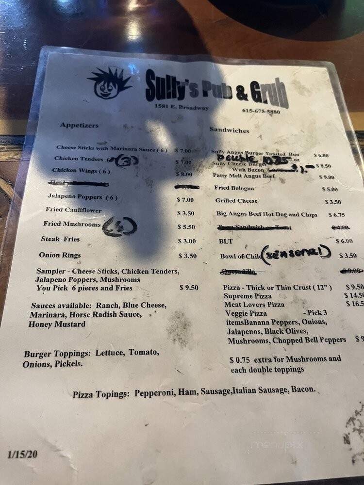 Sully's Pub N Grub - Gallatin, TN menu_pic