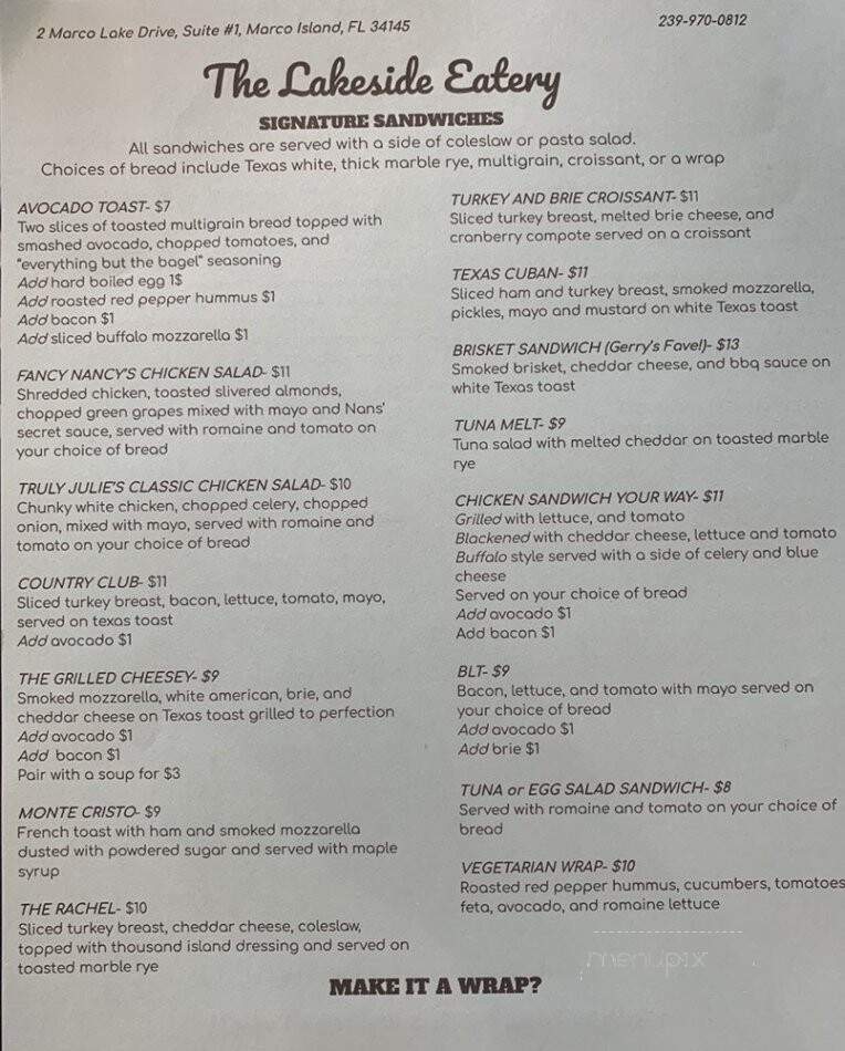 Lakeside Eatery - Marco Island, FL menu_pic