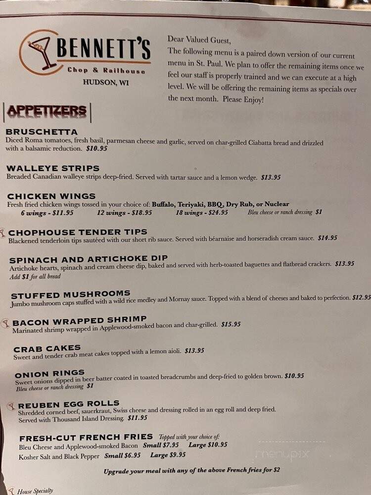 Bennett's Chop & Railhouse - Hudson, WI menu_pic