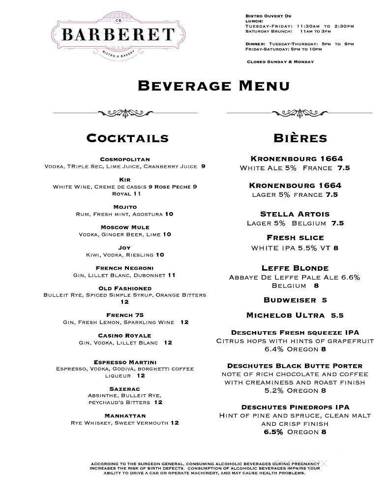 Bistro Barberet and Bakery - Lancaster, PA menu_pic
