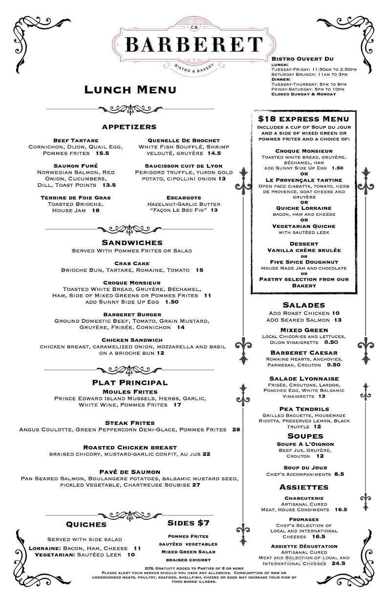 Bistro Barberet and Bakery - Lancaster, PA menu_pic