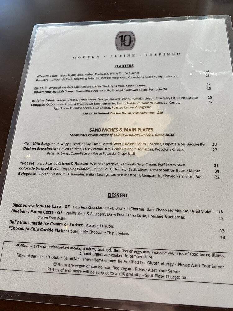 10th Restaurant - Vail, CO menu_pic