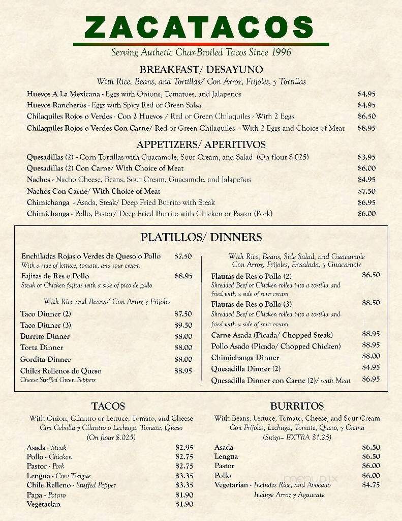 Zacatacos - Bridgeview, IL menu_pic
