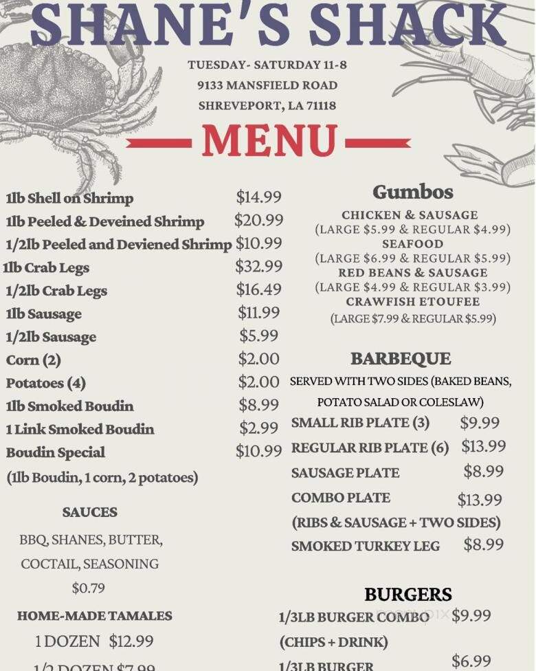 Shane's Seafood and BarBQ - Bossier City, LA menu_pic