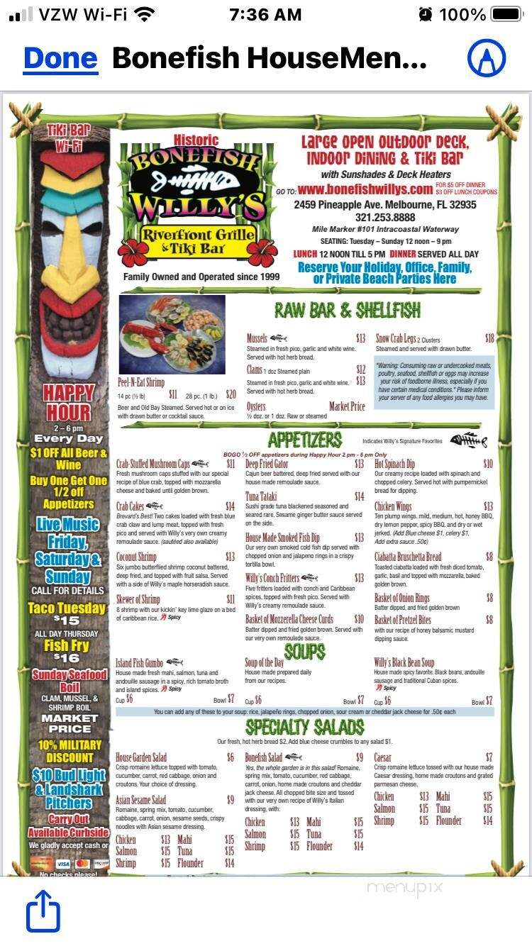 Bonefish Willy's Riverfront - Melbourne, FL menu_pic
