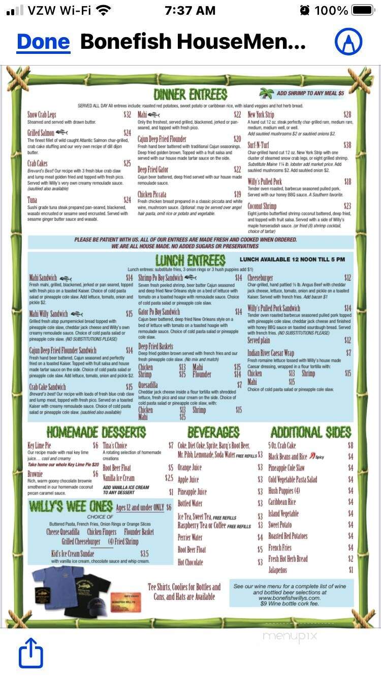 Bonefish Willy's Riverfront - Melbourne, FL menu_pic