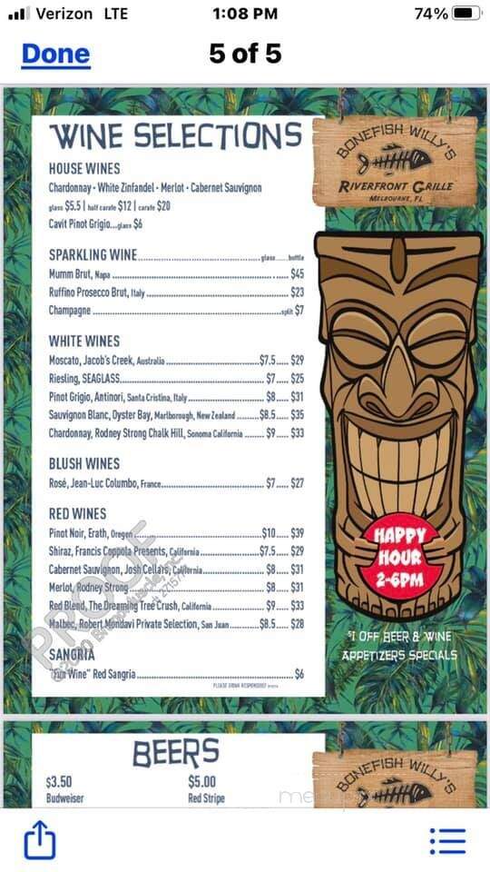 Bonefish Willy's Riverfront - Melbourne, FL menu_pic