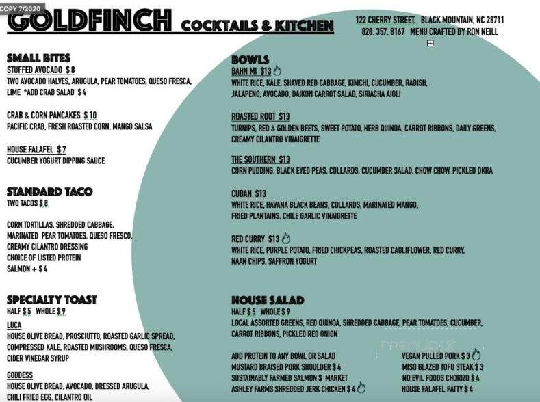 Goldfinch Kitchen & Cocktails - Black Mountain, NC menu_pic