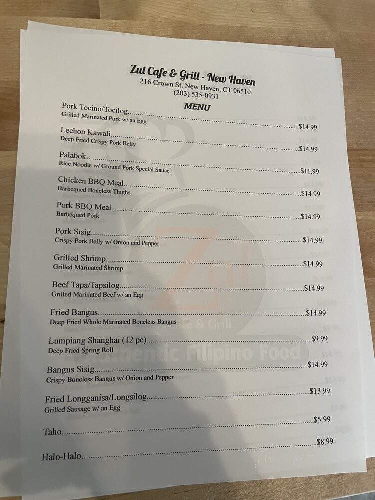 Zul Cafe and Grill - New Haven, CT menu_pic