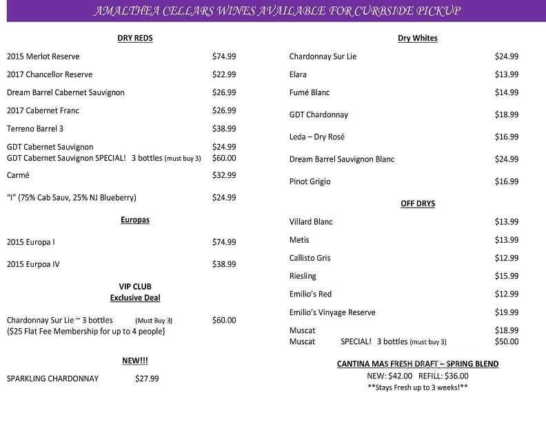Amalthea Cellars Farm Winery - Atco, NJ menu_pic
