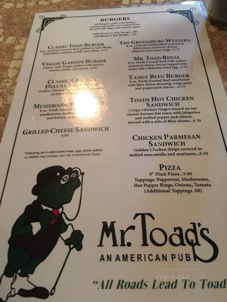 Mr Toad's - Greensburg, PA menu_pic