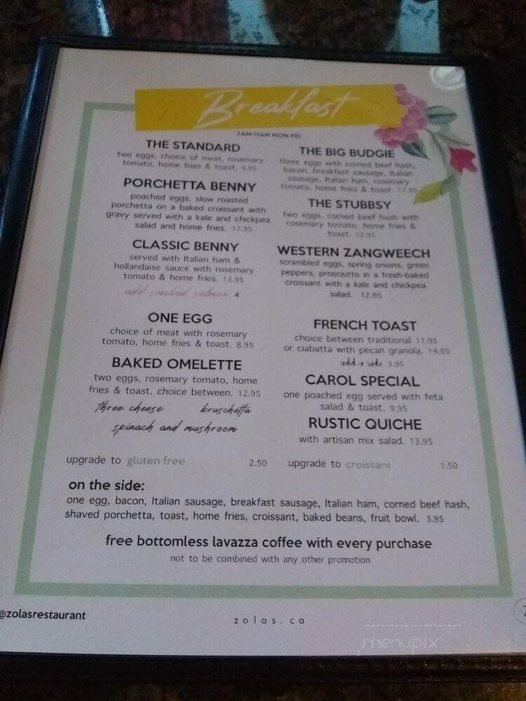 Zola's Restaurant - Ottawa, ON menu_pic