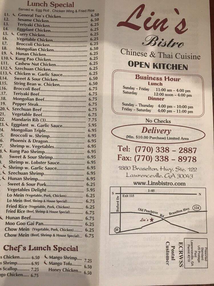 Lin's Bistro - Lawrenceville, GA menu_pic