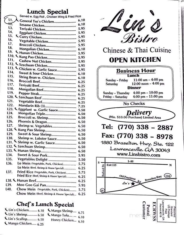 Lin's Bistro - Lawrenceville, GA menu_pic