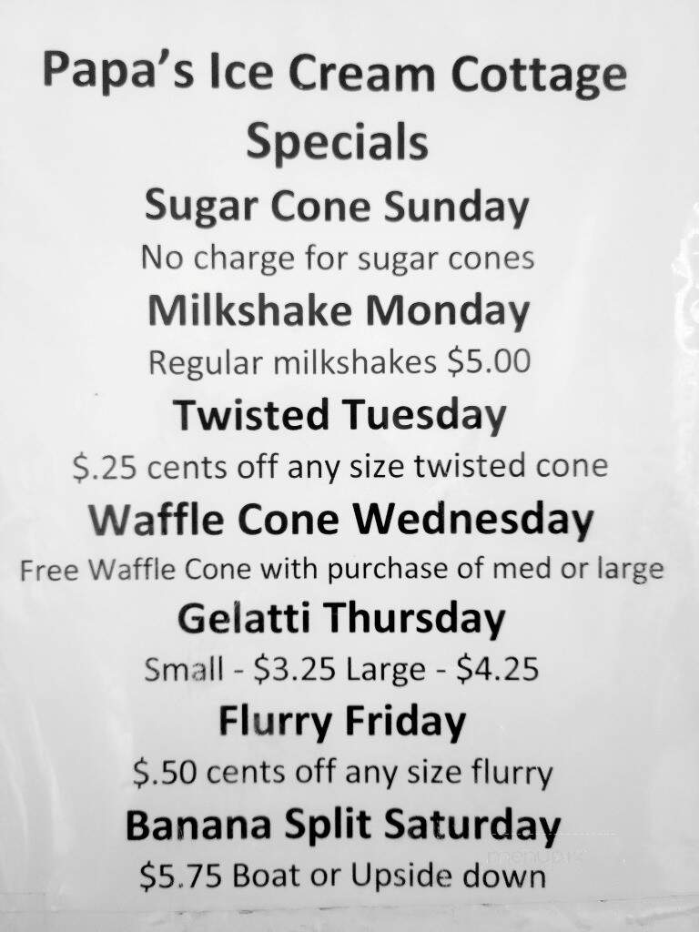 Ice Cream Cottage - Honesdale, PA menu_pic