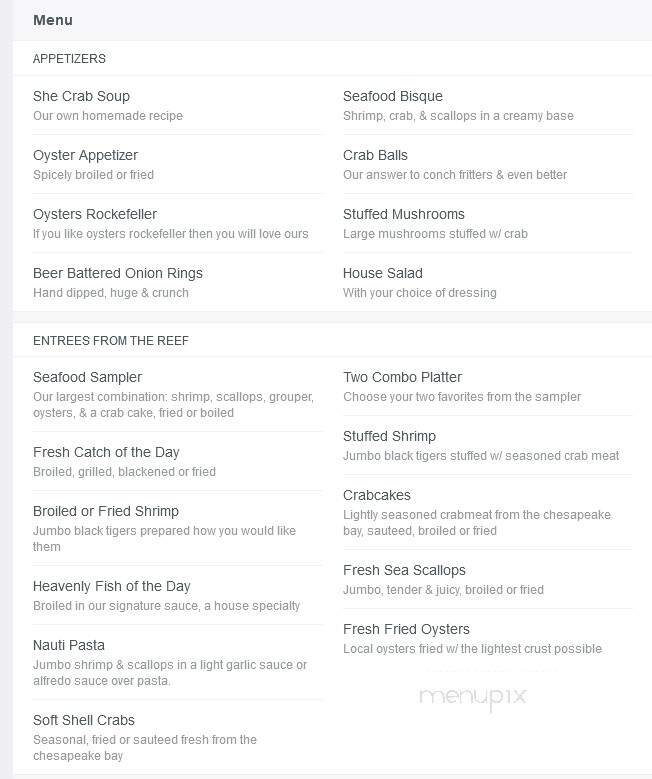 Sandpiper Reef Restaurant - Hallieford, VA menu_pic