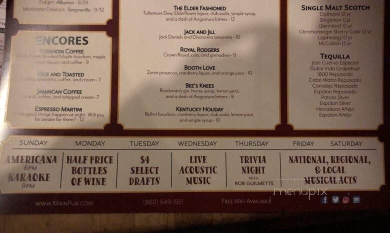 Main Pub & Restaurant - Manchester, CT menu_pic