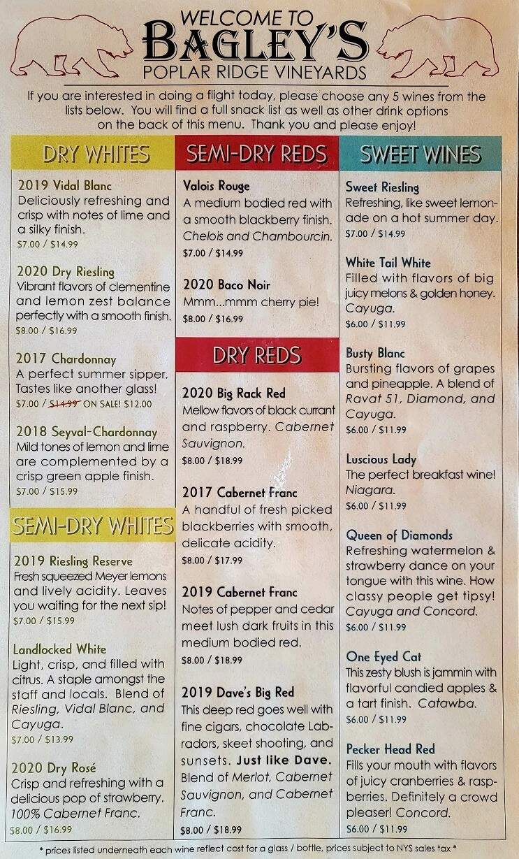 Bagley's Poplar Ridge Vineyards - Hector, NY menu_pic
