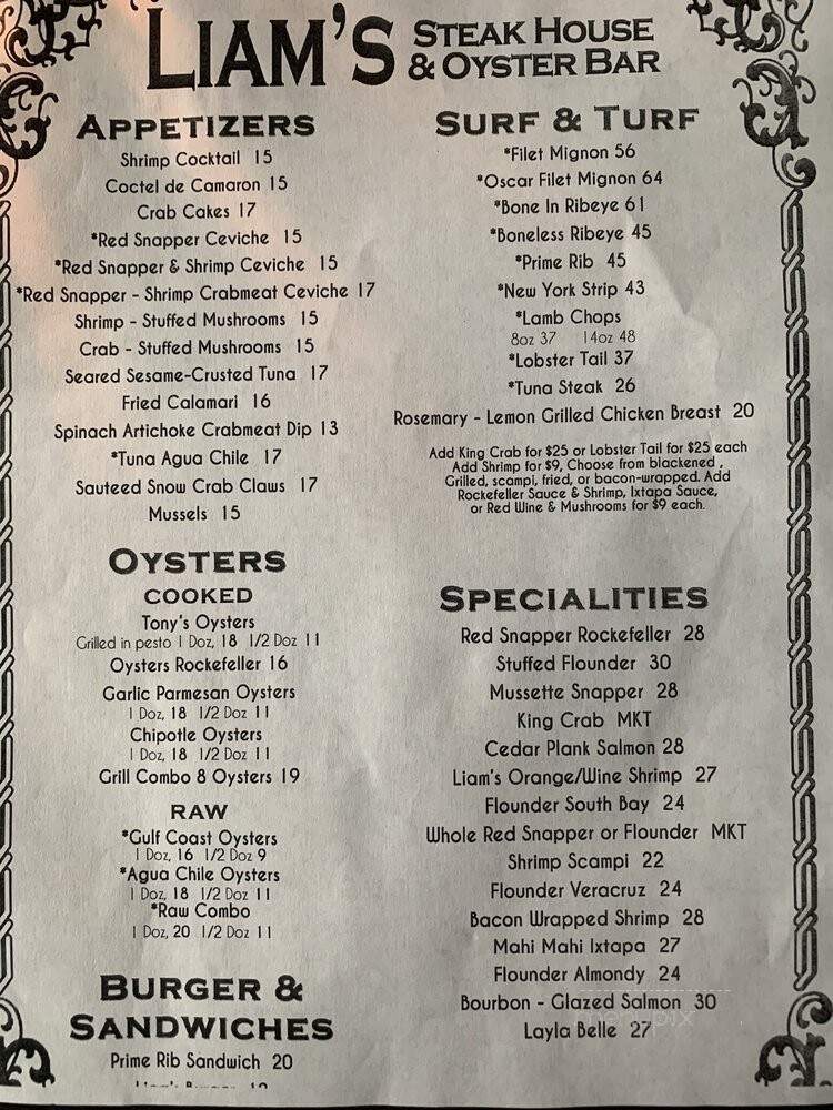 Liam's Steakhouse and Oyster Bar - South Padre Island, TX menu_pic