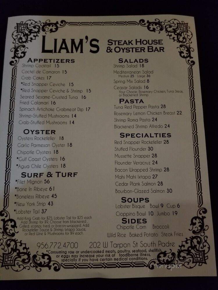 Liam's Steakhouse and Oyster Bar - South Padre Island, TX menu_pic