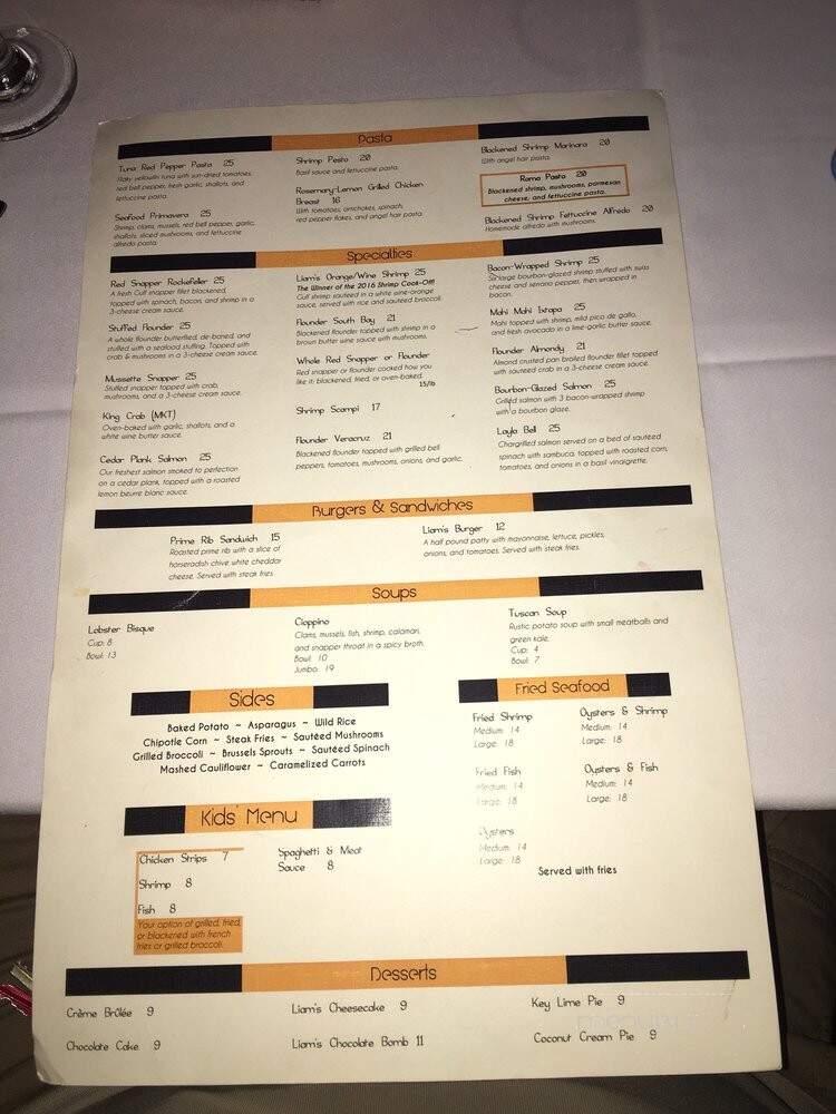 Liam's Steakhouse and Oyster Bar - South Padre Island, TX menu_pic