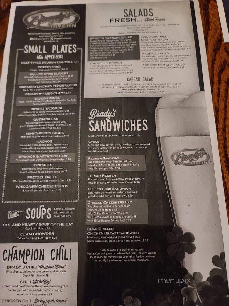 Brady's Tavern - Beverly Hills, MI menu_pic