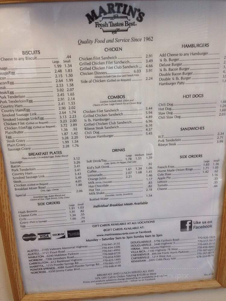Martin's Restaurant - Villa Rica, GA menu_pic