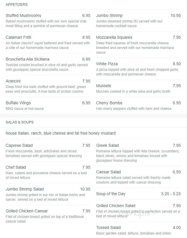 Giuseppe's Italian Restaurant - Haymarket, VA menu_pic