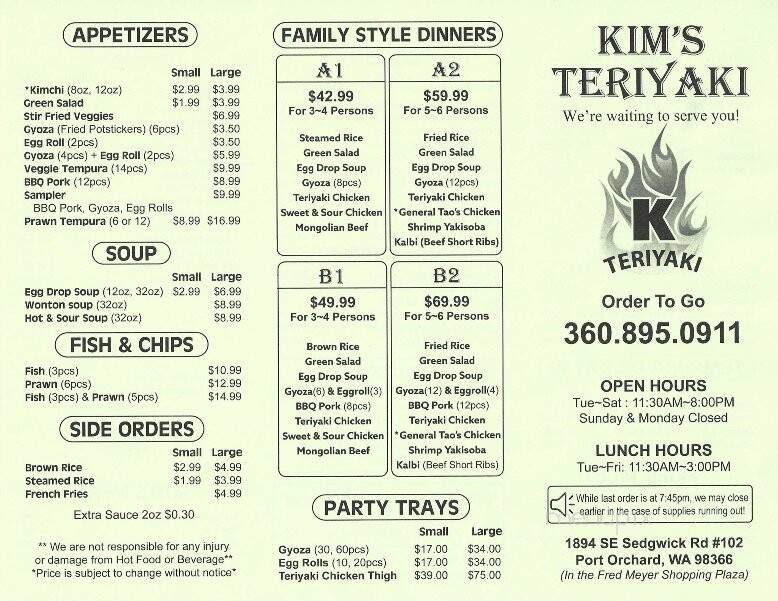 Kim's Teriyaki - Port Orchard, WA menu_pic