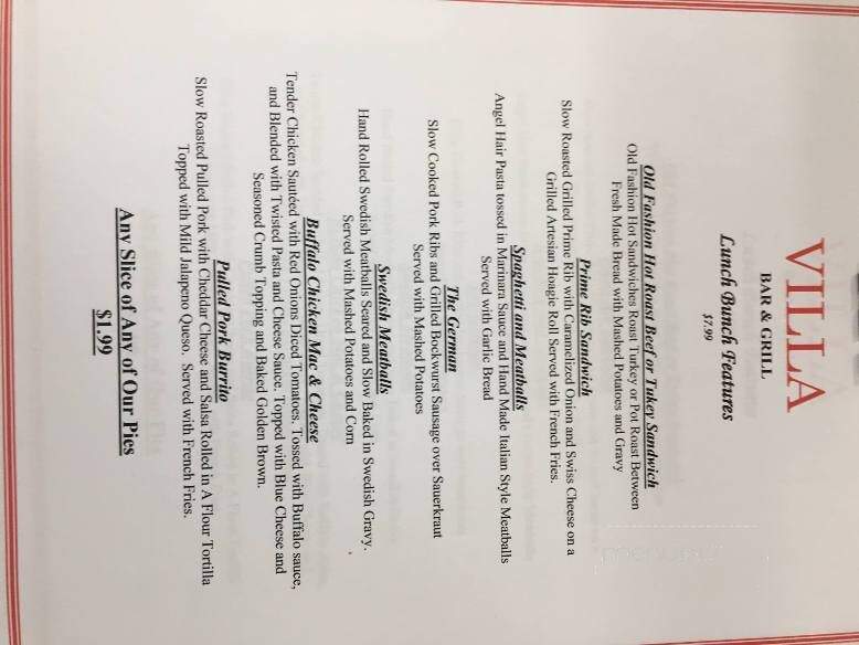 Villa Bar & Grill - Albertville, MN menu_pic