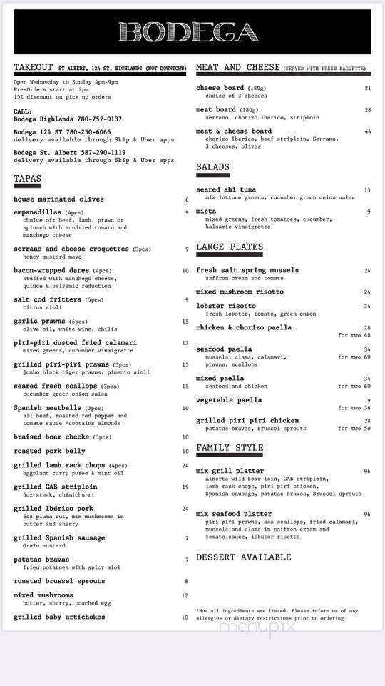 Bodega Tapas and Wine Bar - Edmonton, AB menu_pic