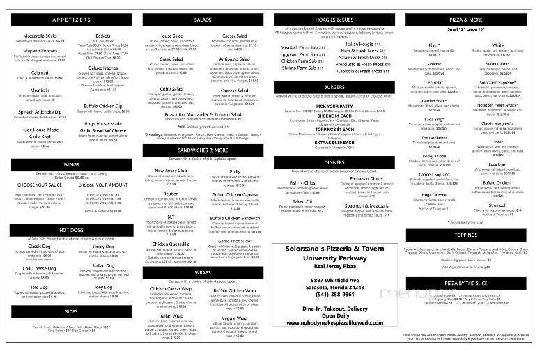 Solorzano's University - Sarasota, FL menu_pic