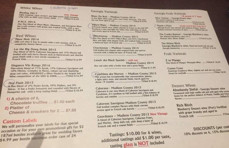 Boutier Winery - Danielsville, GA menu_pic