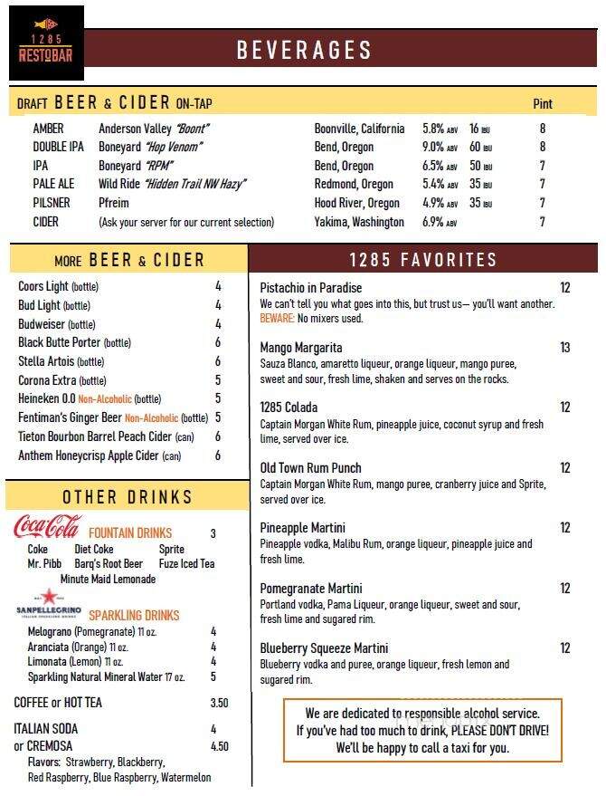 1285 Resto Bar - Florence, OR menu_pic