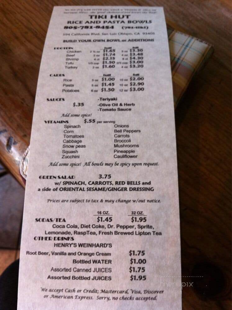 Tiki Hut - San Luis Obispo, CA menu_pic