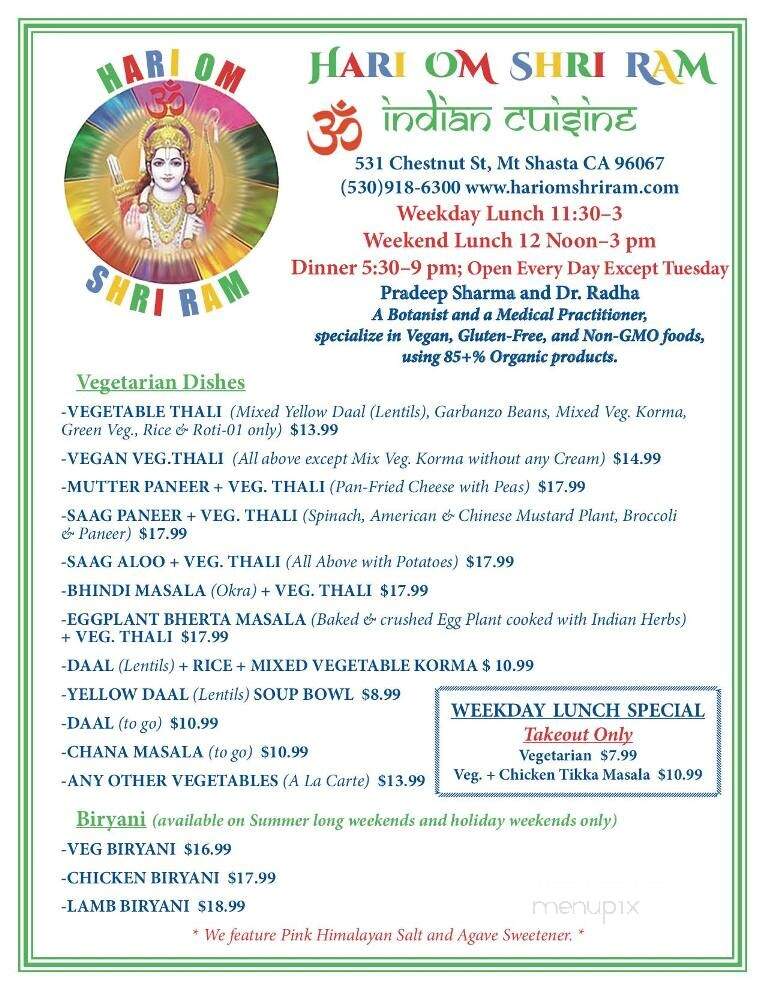 Hari Om Shri Ram Indian Cuisine - Mount Shasta, CA menu_pic