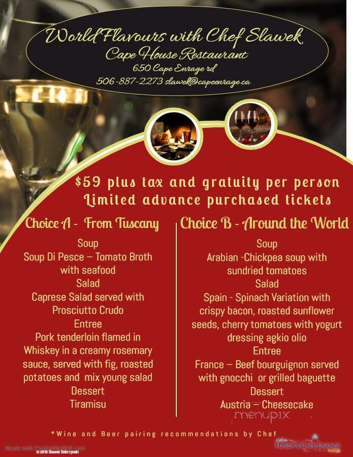 Cape House Restaurant - Waterside, NB menu_pic