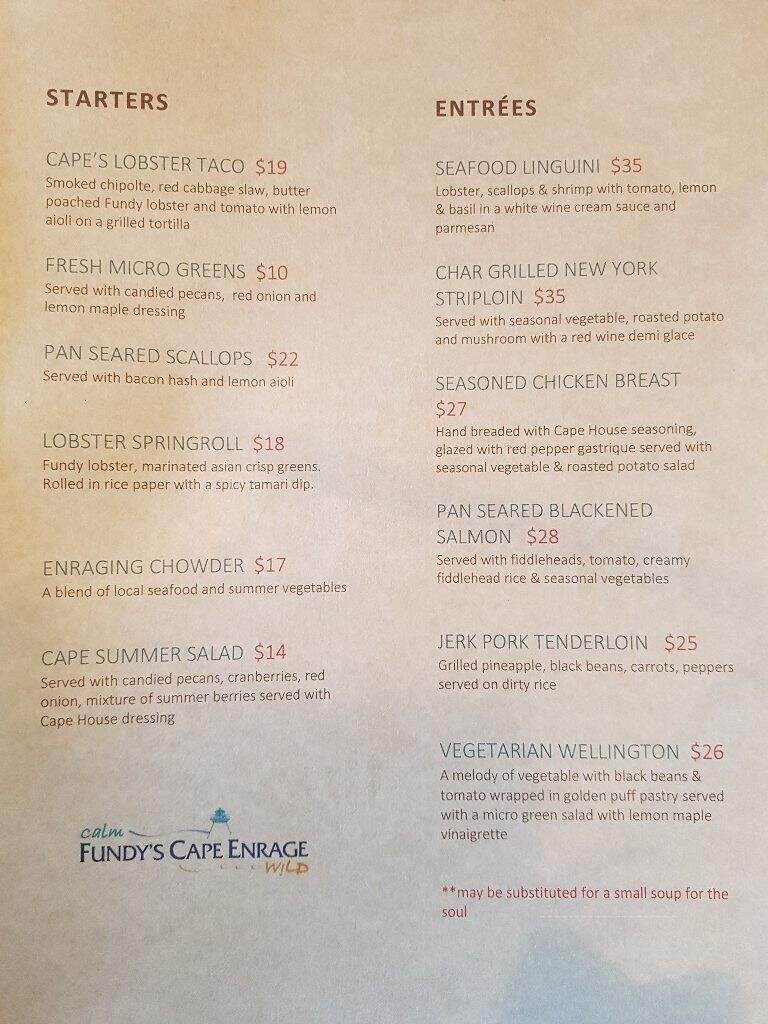 Cape House Restaurant - Waterside, NB menu_pic