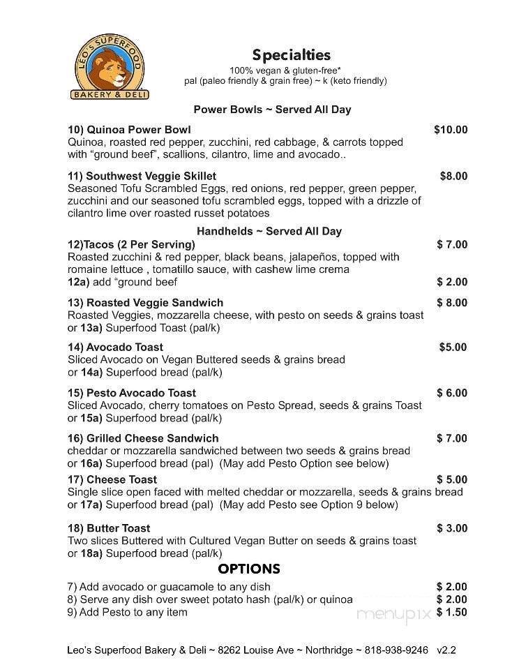 Leo's Superfood Bakery & Deli - Los Angeles, CA menu_pic