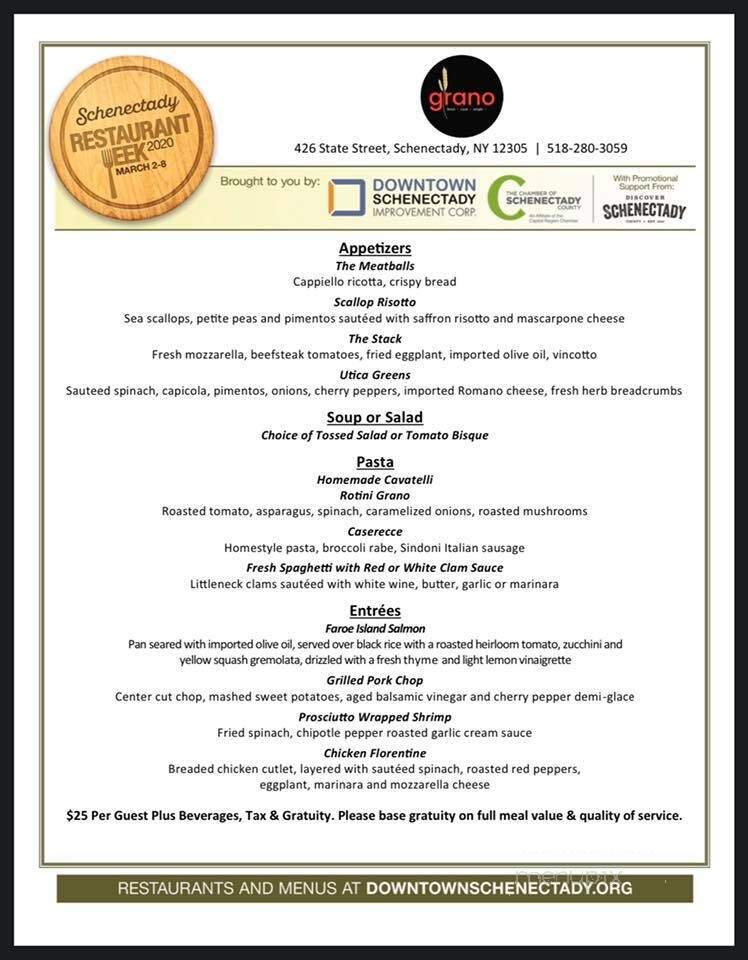 Menu of Grano in Schenectady, NY 12305