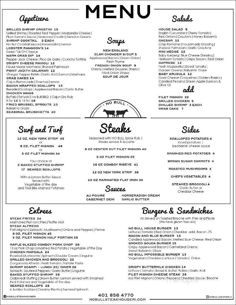 No Bull Steak House and Pub - Westerly, RI menu_pic