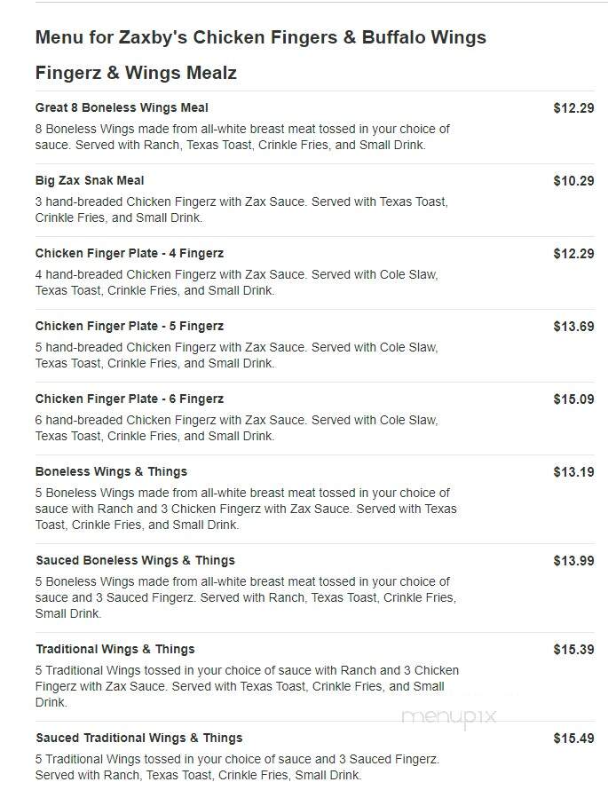 Zaxby's Chicken Fingers & Buffalo Wings - Shelbyville, IN menu_pic