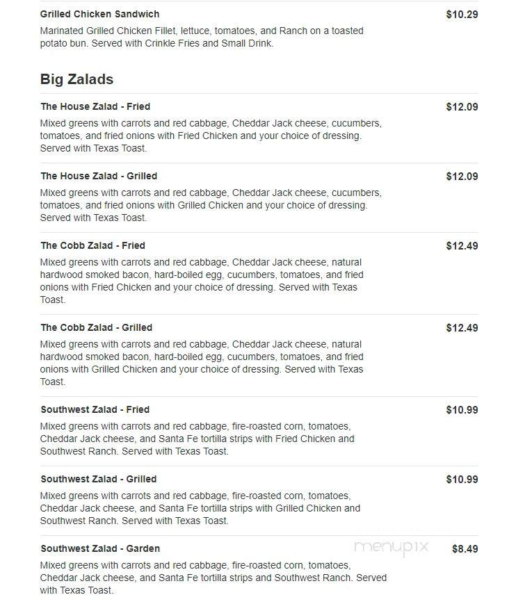 Zaxby's Chicken Fingers & Buffalo Wings - Shelbyville, IN menu_pic
