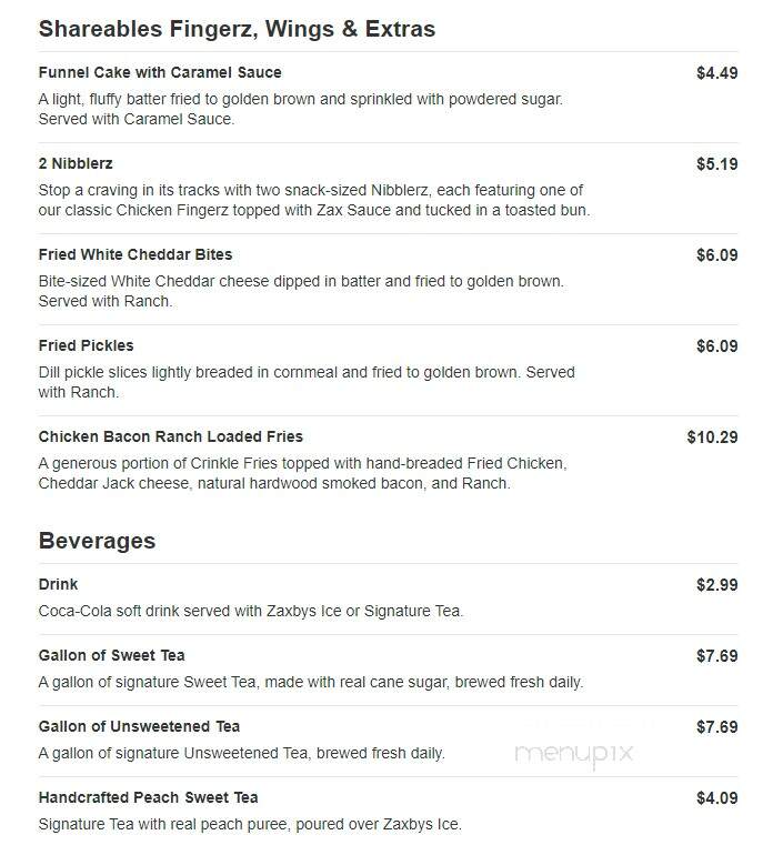 Zaxby's Chicken Fingers & Buffalo Wings - Shelbyville, IN menu_pic