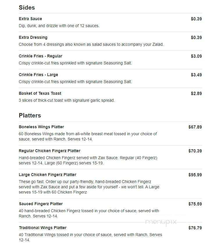 Zaxby's Chicken Fingers & Buffalo Wings - Shelbyville, IN menu_pic